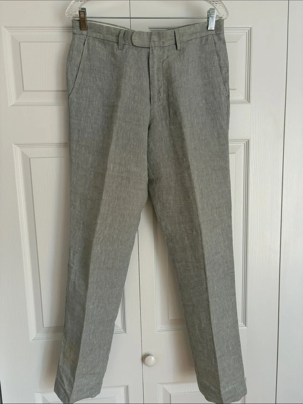 J. Crew Bowery Slim-Straight grey linen pants - Navy Label on Blue/White Stripe